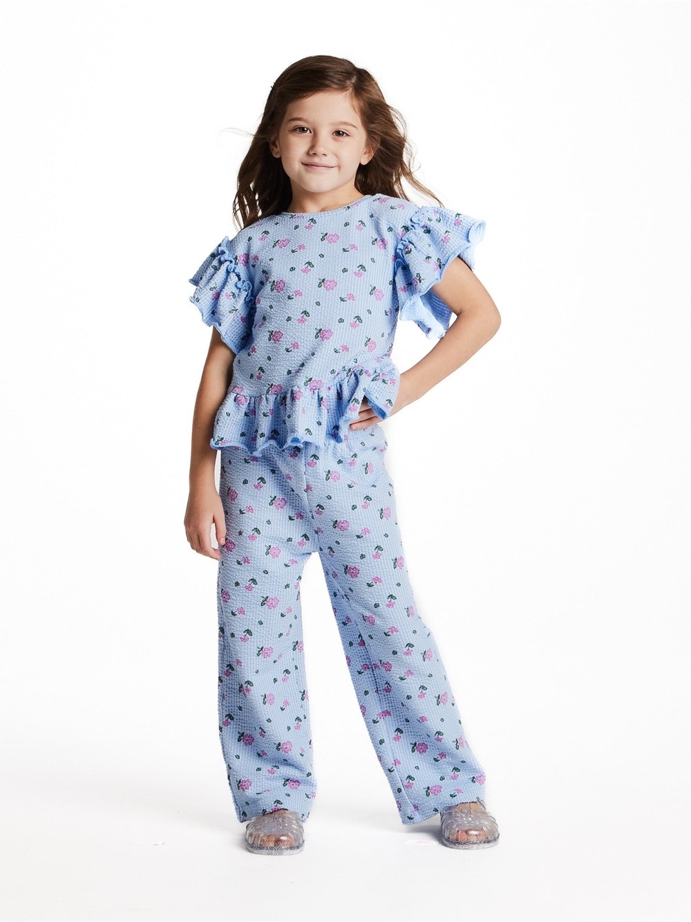 Andy & Evan Girls summer Knit Seersucker Top & Pant Set | Floral Print 7